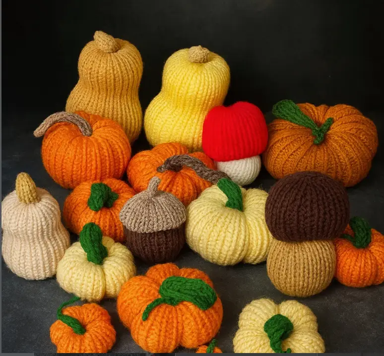 Calabazas, setas y bellotas tejidas a mano — decoración de otoño en lana