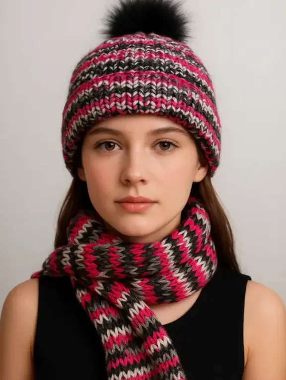 Conjunto de gorro y bufanda tejido a mano — lana jaspeada en fucsia, gris y crudo