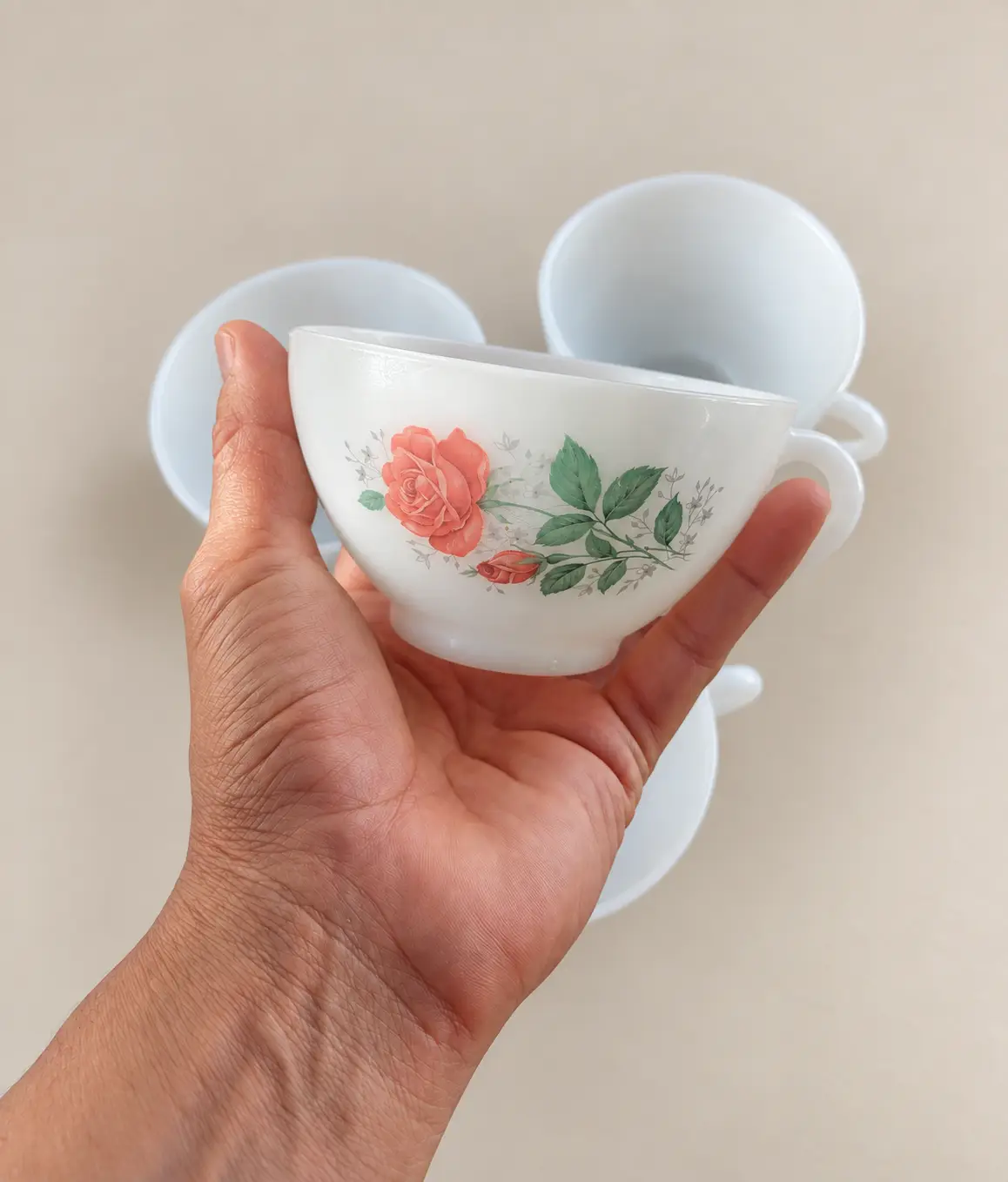 Lote de Tazas Cristal Opalino Estampado Rosas de Arcopal años 70