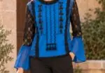 Blusa Hios de encaje negro y azul real, bordada, con mangas acampanadas, estilo boho vintage, talla S.