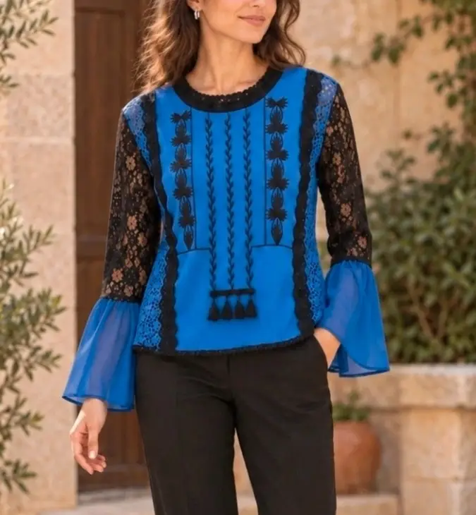 Blusa Hios de encaje negro y azul real, bordada, con mangas acampanadas, estilo boho vintage, talla S.
