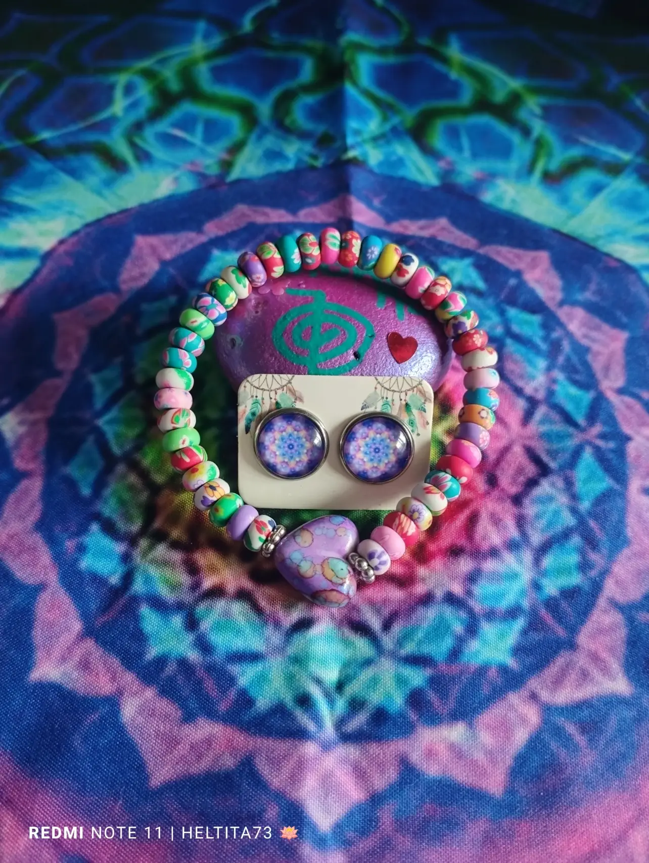 Conjunto pulsera y pendientes corazón morado