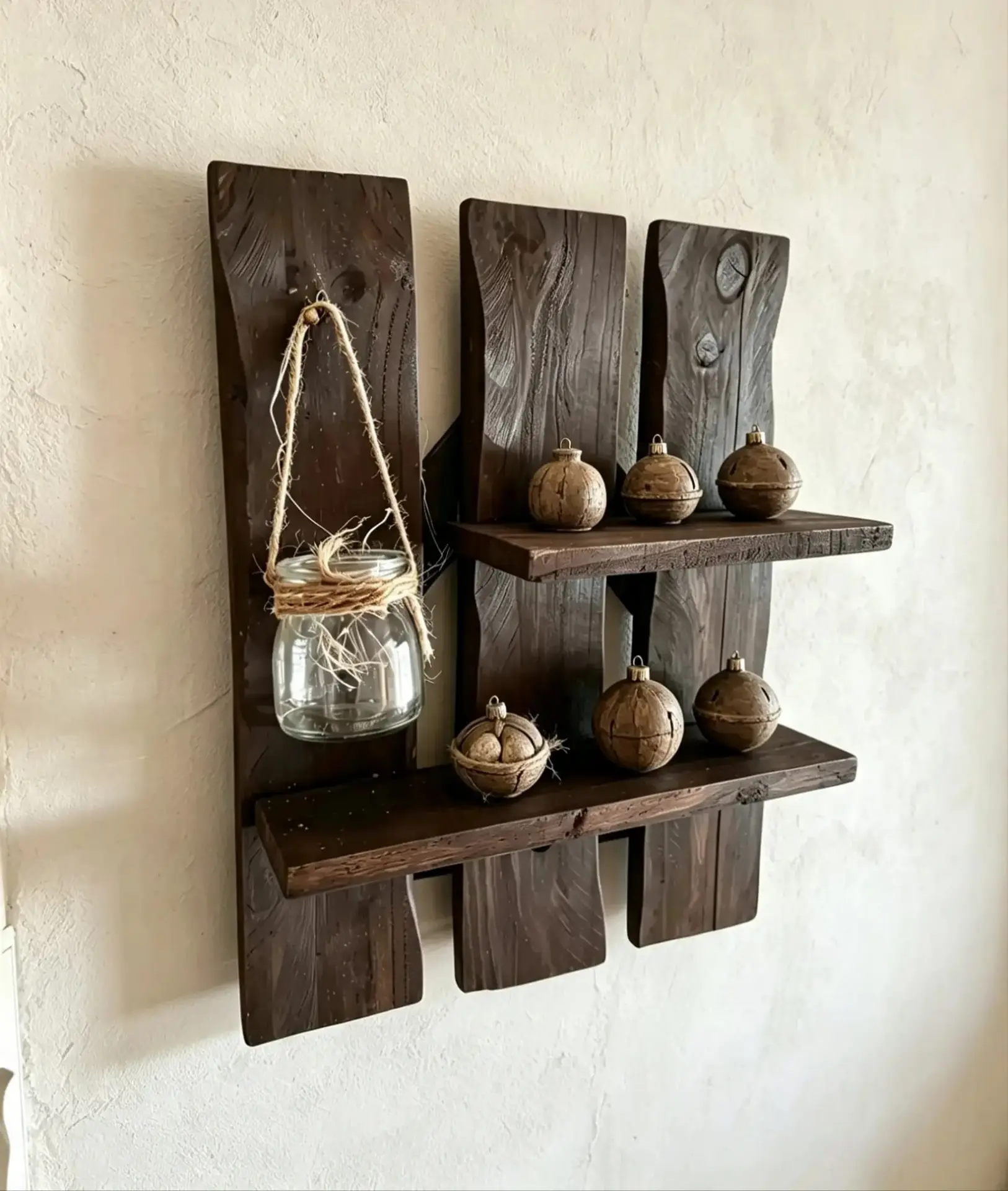 Estantería Artesanal de Madera Wengué con Luz LED y Tarro de Yute (40×30 cm)