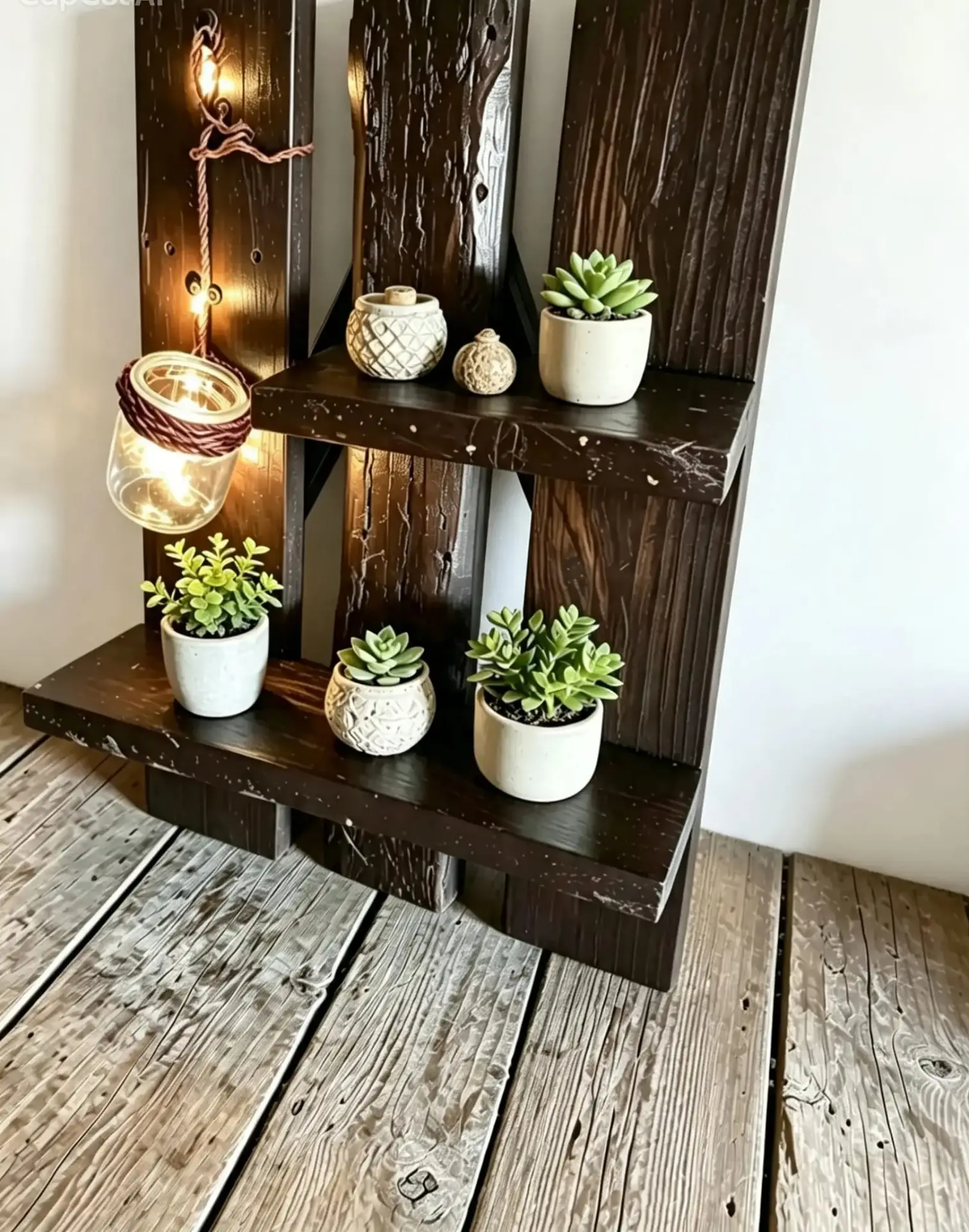 Estantería Artesanal de Madera Wengué con Luz LED y Tarro de Yute (40×30 cm)