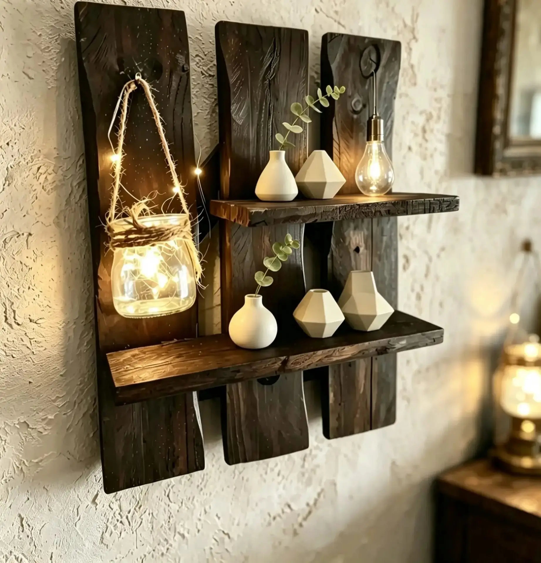 Estantería Artesanal de Madera Wengué con Luz LED y Tarro de Yute (40×30 cm)