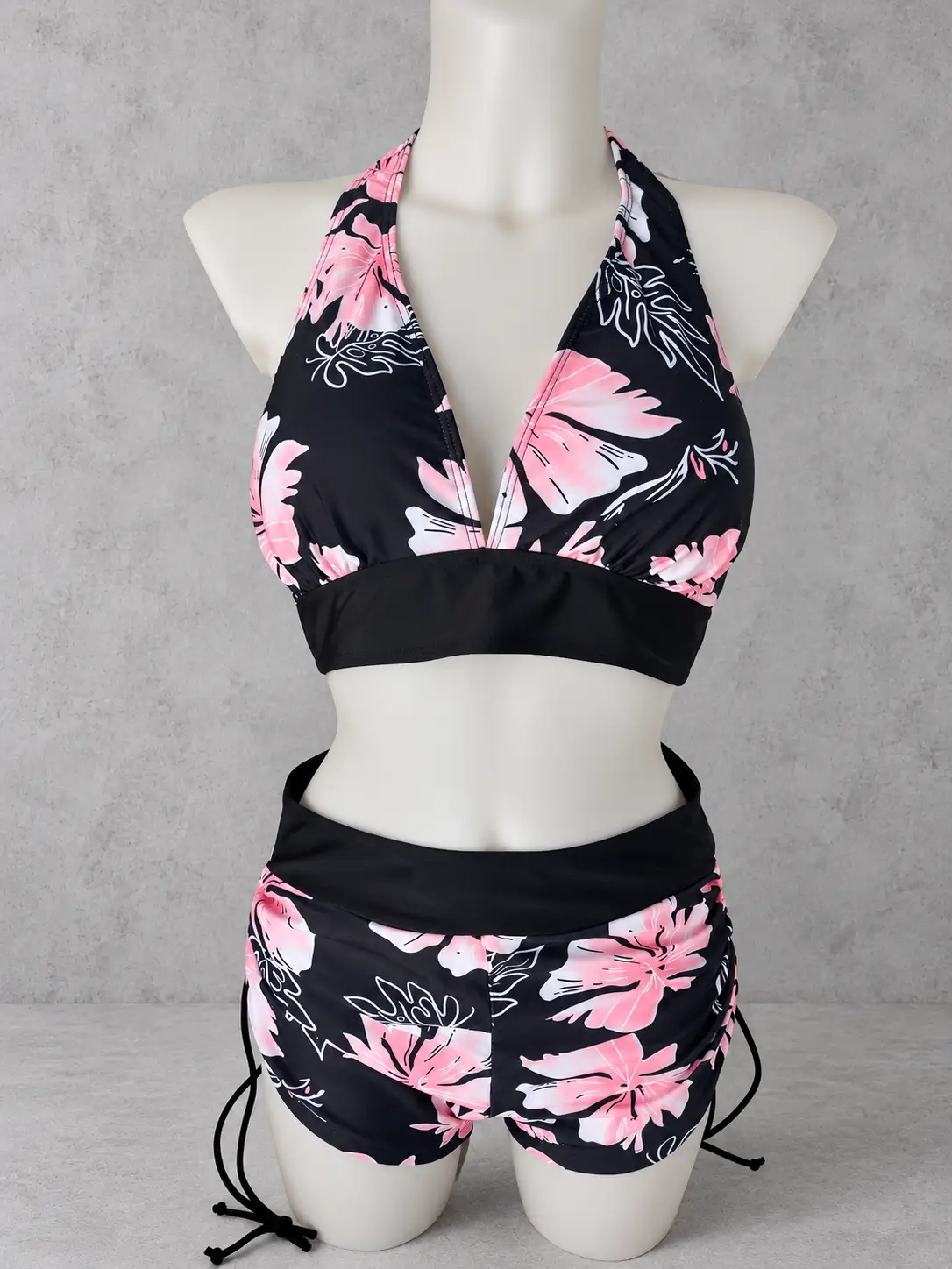 Bikini Mujer talla L Floral Printcnegro y Rosa, Top halter y Short de baño