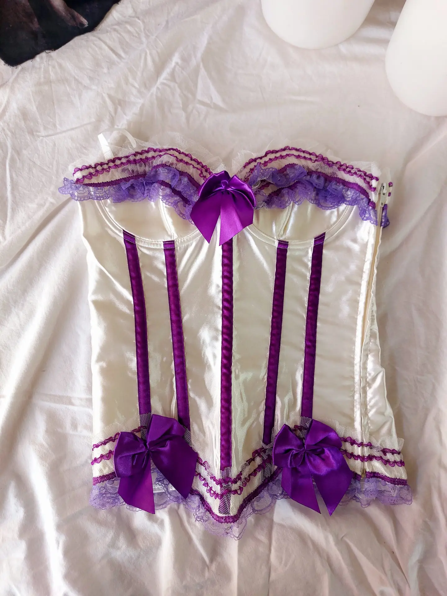Top de corsé morado estilo Fairycore Y2K con encaje blanco, lazo de cinta, talla S