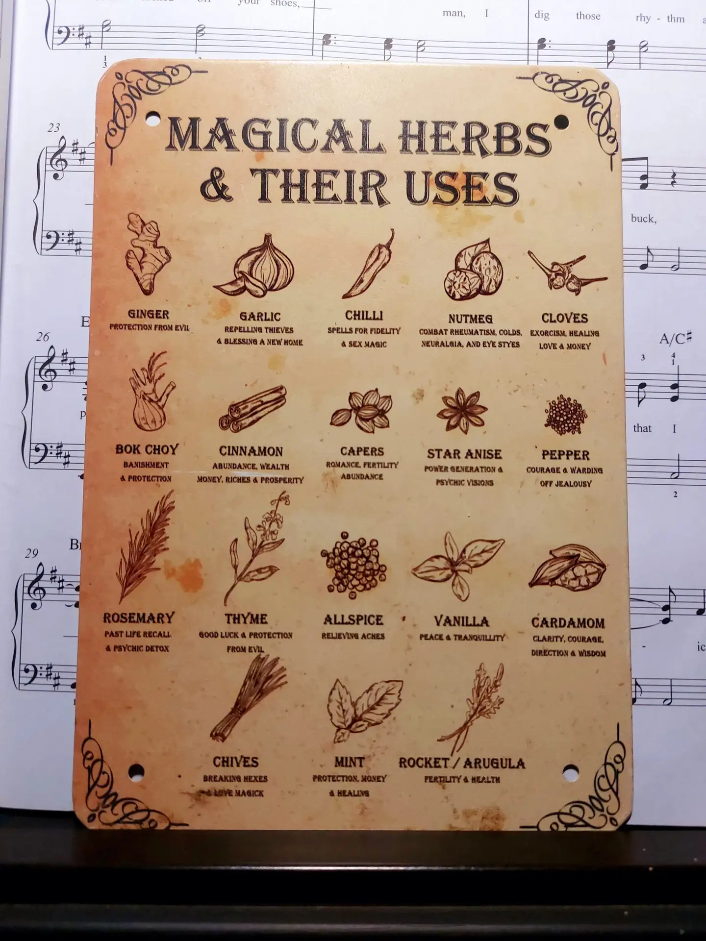 Cartel de metal estilo vintage Hierbas mágicas y sus usos» – Placa de brujería, decoración witchy y botánica