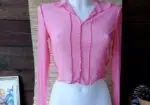 Top Vintage Y2K Rosa de Malla Transparente Manga Larga Costuras Expuestas Volantes 2000s