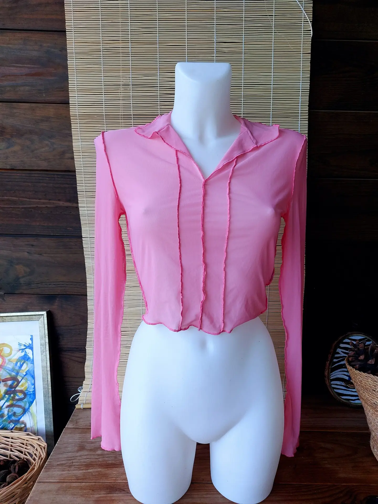 Top Vintage Y2K Rosa de Malla Transparente Manga Larga Costuras Expuestas Volantes 2000s
