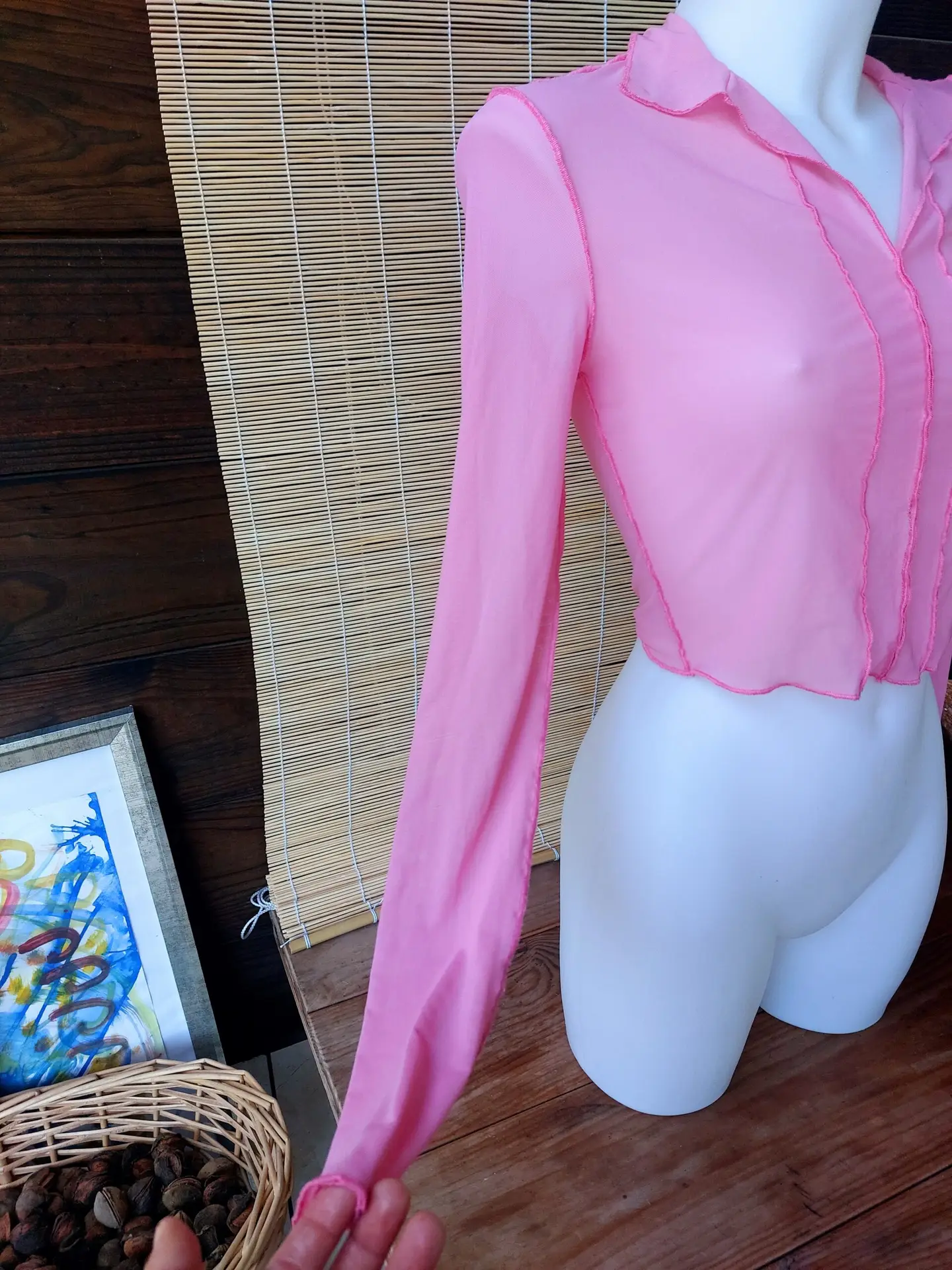 Top Vintage Y2K Rosa de Malla Transparente Manga Larga Costuras Expuestas Volantes 2000s