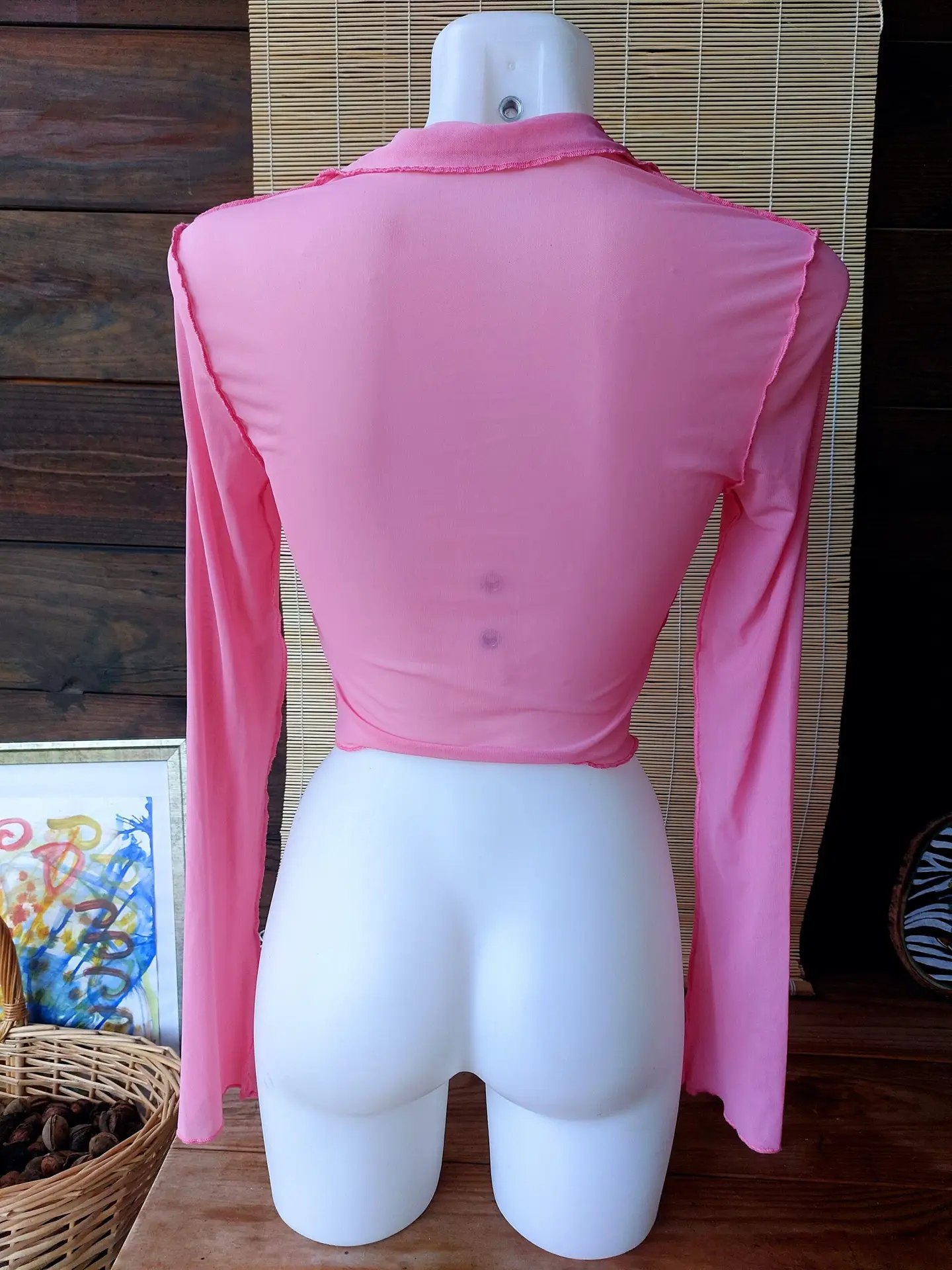 Top Vintage Y2K Rosa de Malla Transparente Manga Larga Costuras Expuestas Volantes 2000s