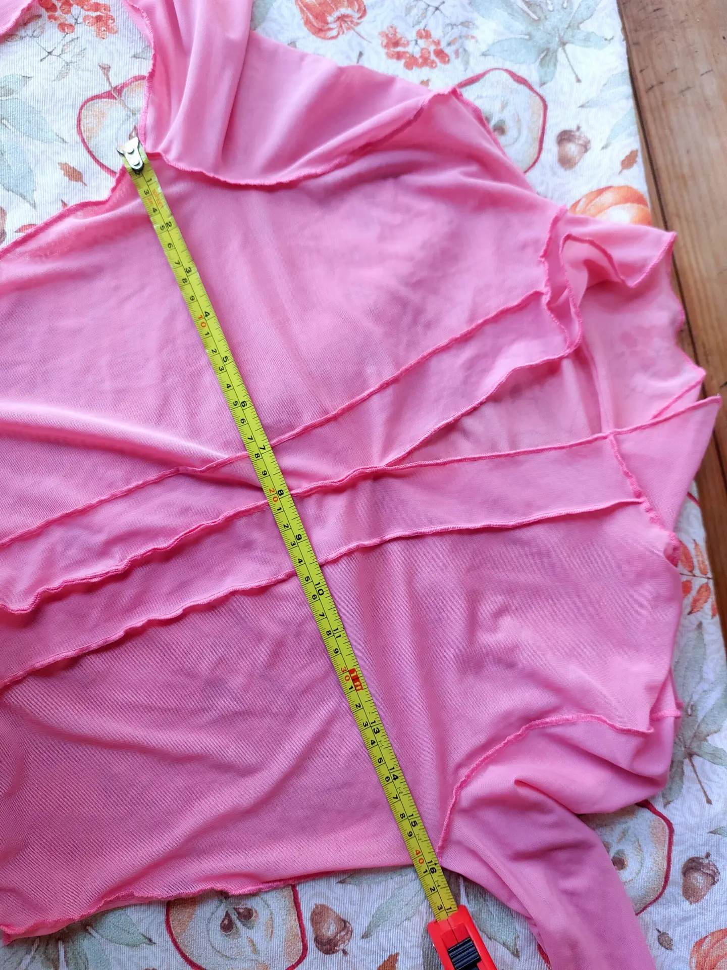Top Vintage Y2K Rosa de Malla Transparente Manga Larga Costuras Expuestas Volantes 2000s