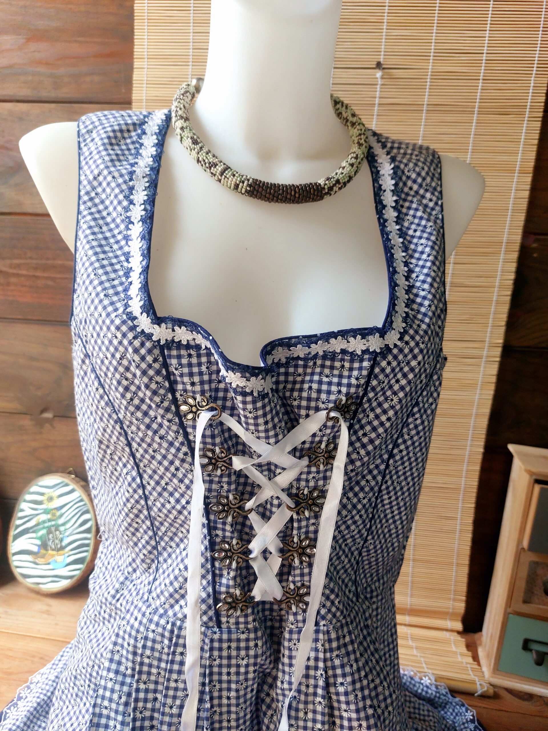 Vestido Vintage Landhaus Estilo Dirndl Bávaro Cuadros Azul Corsé Encaje Oktoberfest