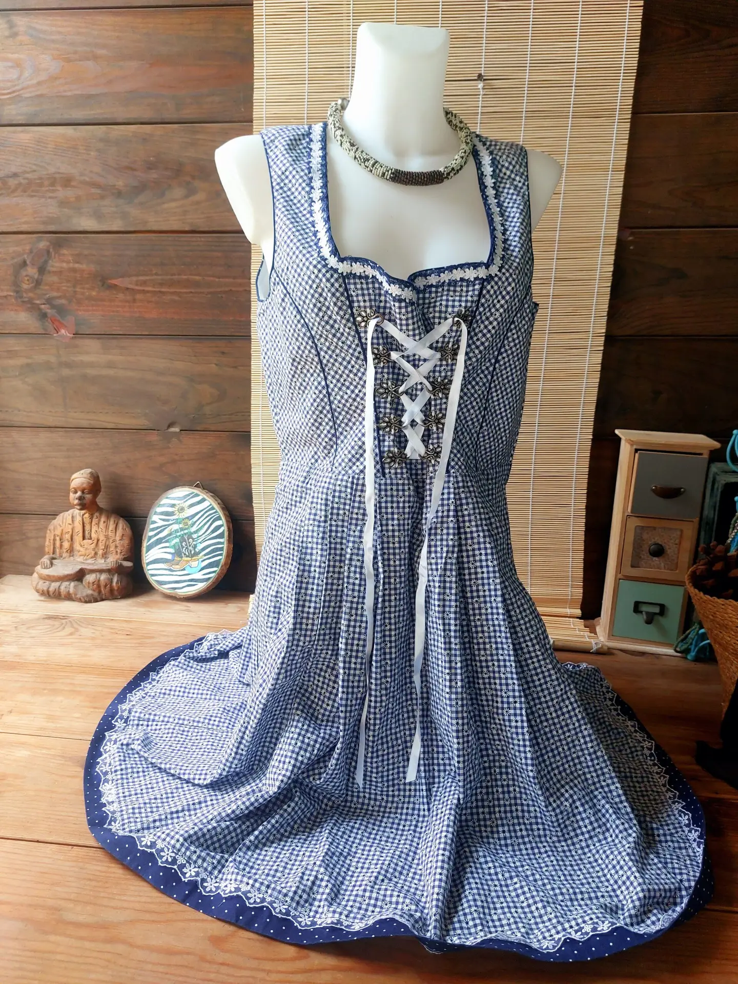 Vestido Vintage Landhaus Estilo Dirndl Bávaro Cuadros Azul Corsé Encaje Oktoberfest