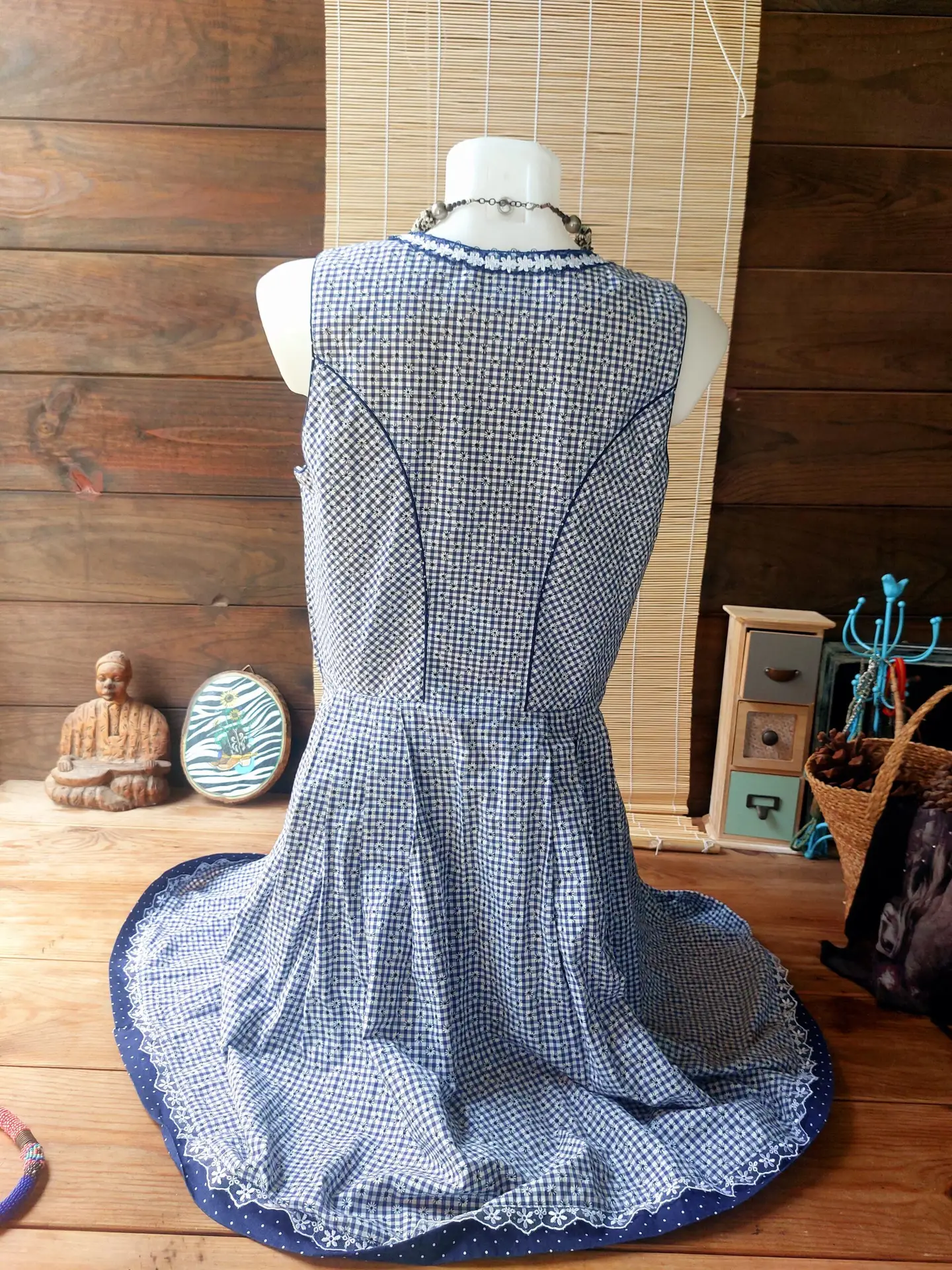 Vestido Vintage Landhaus Estilo Dirndl Bávaro Cuadros Azul Corsé Encaje Oktoberfest