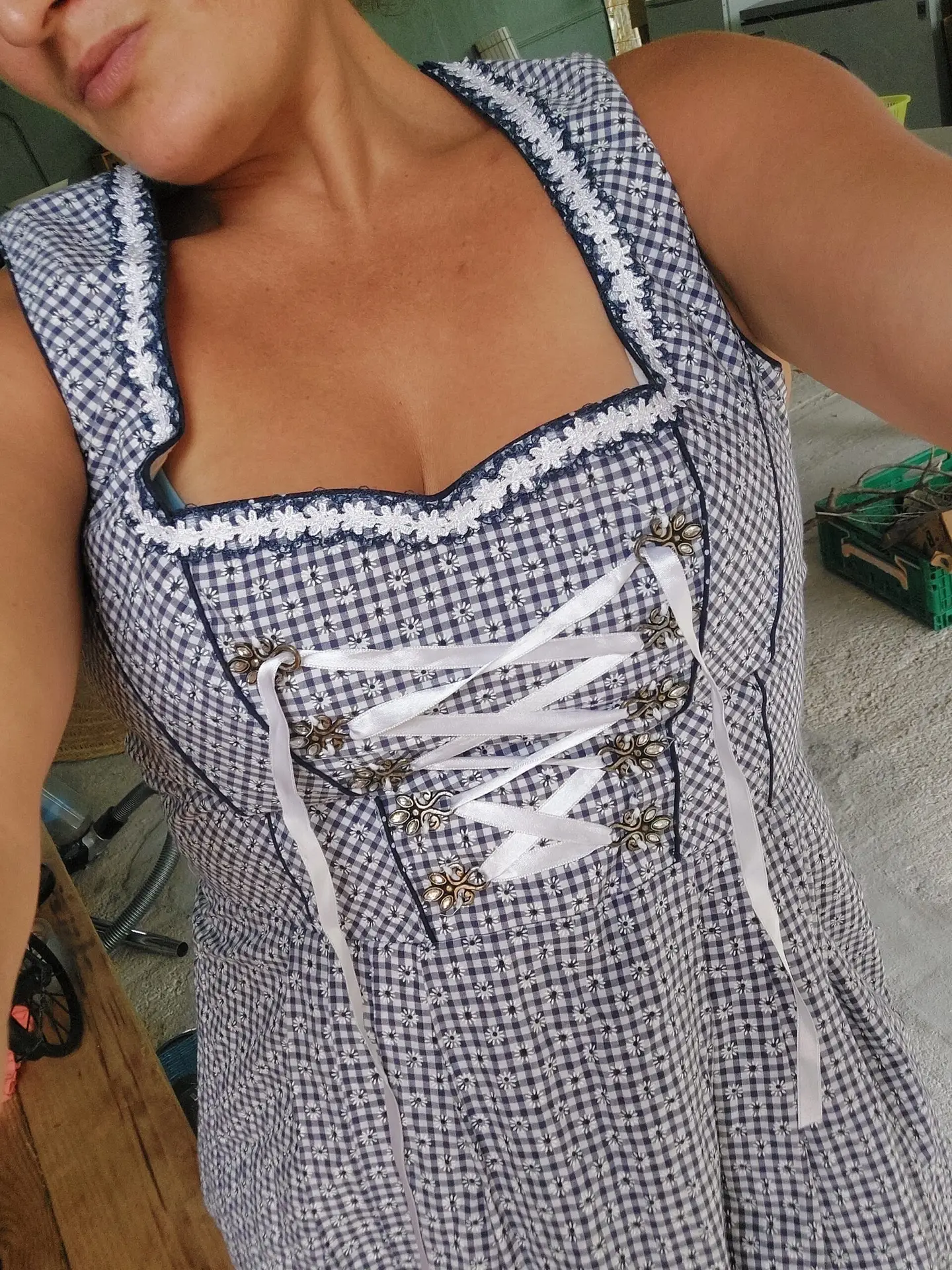 Vestido Vintage Landhaus Estilo Dirndl Bávaro Cuadros Azul Corsé Encaje Oktoberfest