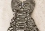 ZARA Vestido Mini Satinado Metalizado Plateado XS | Fruncido Ajustado Fiesta Noche Talla 34