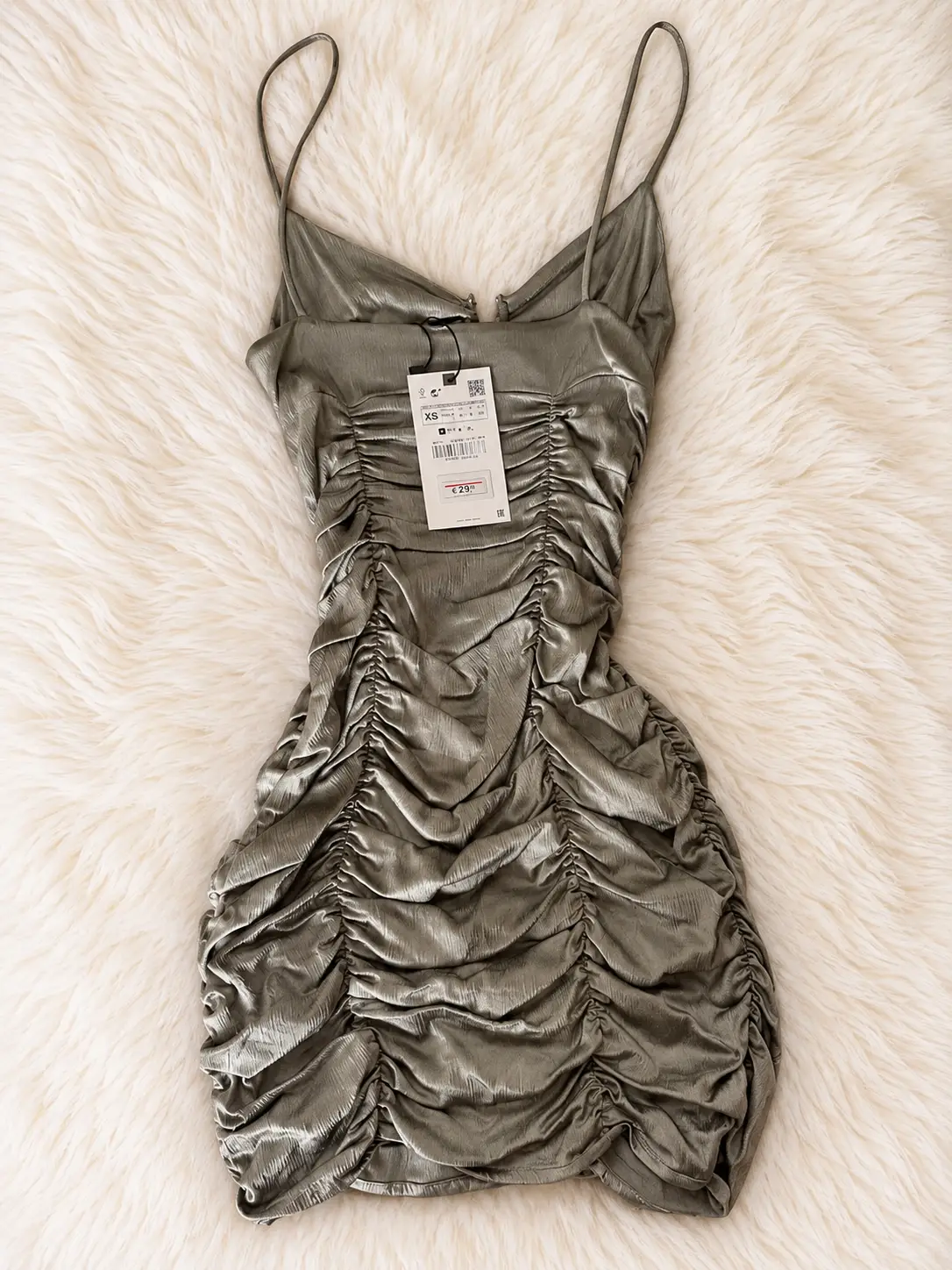 ZARA Vestido Mini Satinado Metalizado Plateado XS | Fruncido Ajustado Fiesta Noche Talla 34