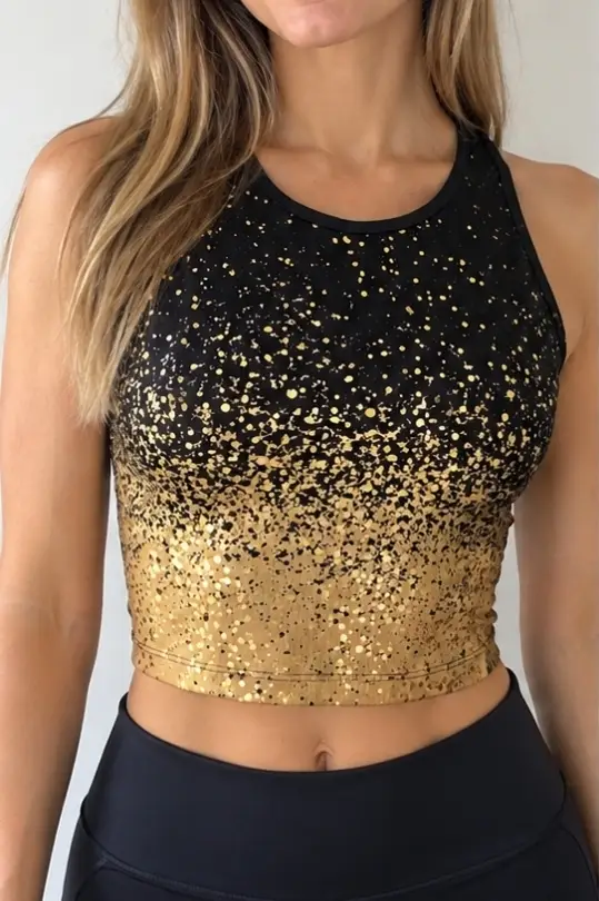 Energetics Bryna W Top Corto Deportivo Mujer Negro Dorado Brillante Gimnasio Fitness Talla M/40