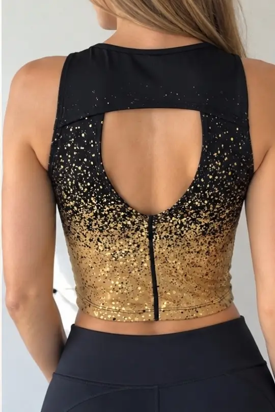 Energetics Bryna W Top Corto Deportivo Mujer Negro Dorado Brillante Gimnasio Fitness Talla M/40