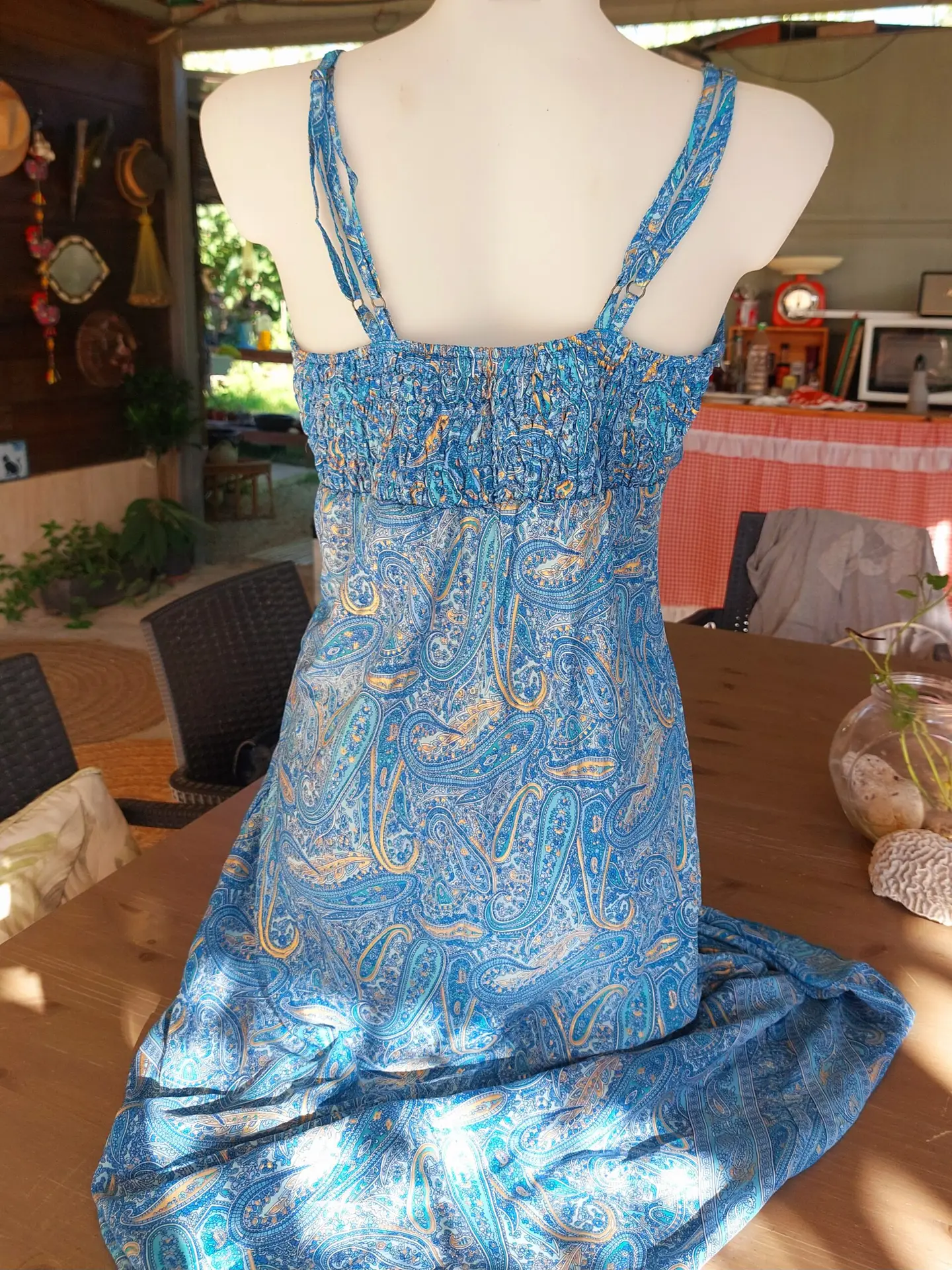 Vestido largo boho azul estampado paisley escote cruzado tirantes ajustables verano talla S/M