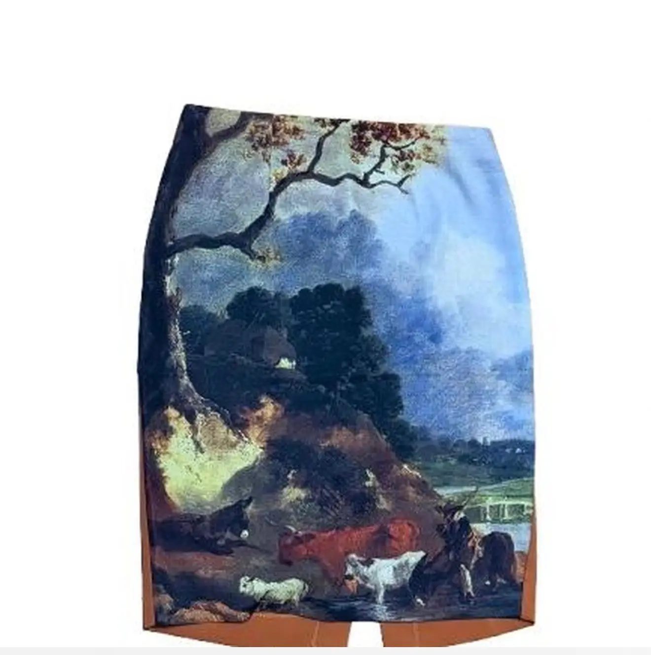 Falda tubo Naf Naf de los años 90 con estampado de paisaje al óleo – Arte bucólico